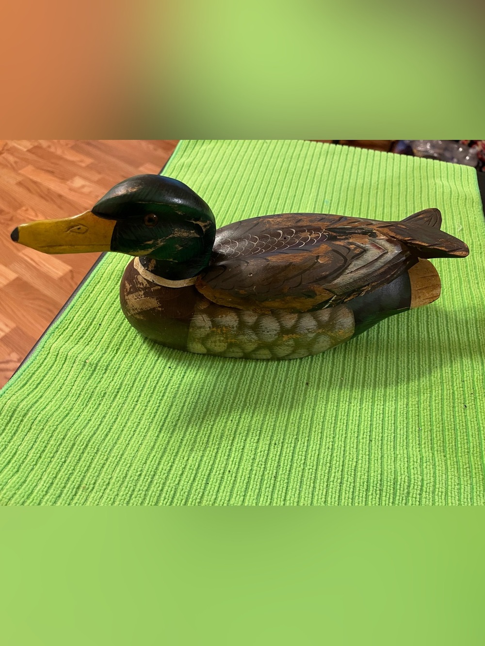 Vintage! Hand-Painted Green and Yellow Wooden Duck Decoy